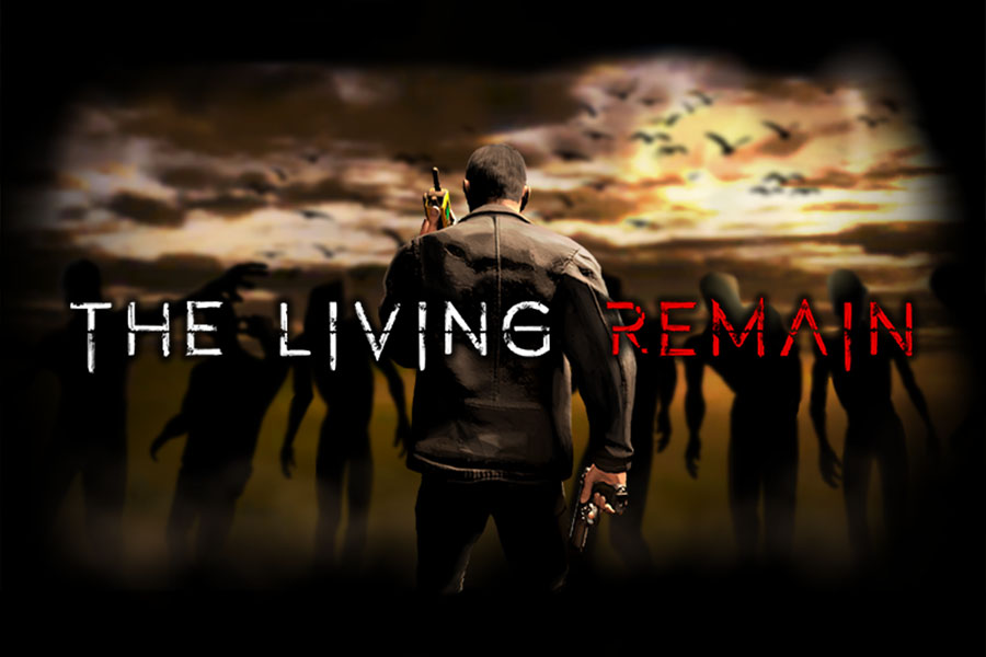 Steam capsule art for The Living Remain featuring a man with its back against the camera, holding a walkie-talkie and a gun. There are zombies approaching the man from the front.